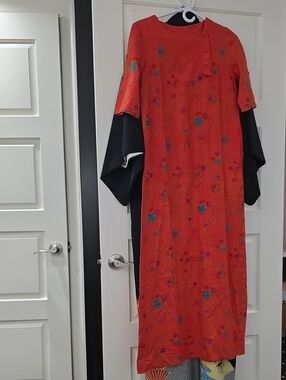 Vintage Beautiful Red Long Maxi Dress Colorful Floral Embroidered S